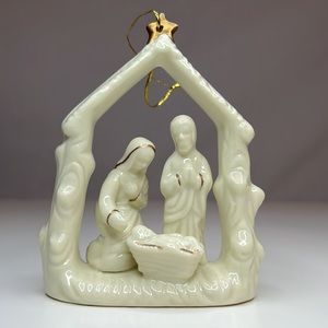Ivory and Gold Nativity Scene Hanging Holiday Ornament by World Bazaars with Box
